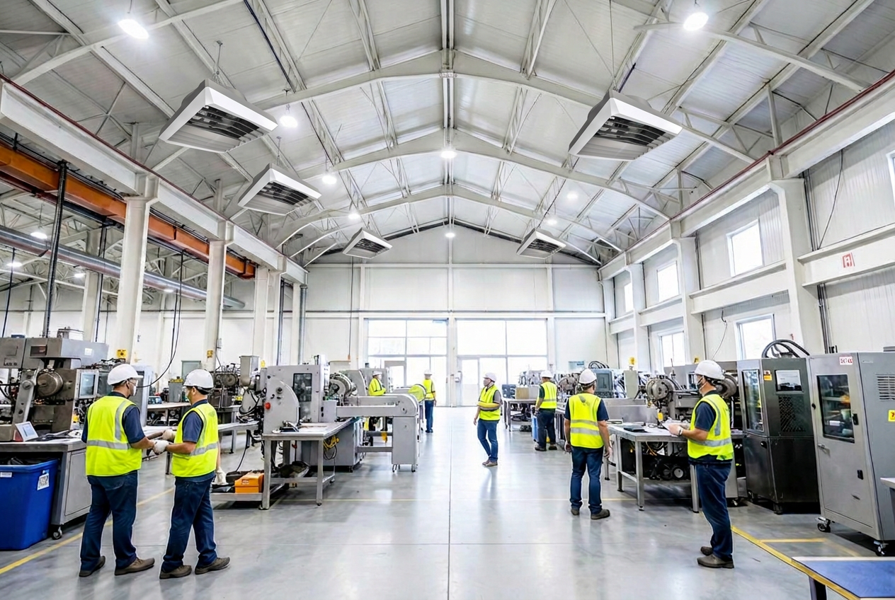 Atelier de production industriel de grande hauteur équipé de déstratificateurs d'air au plafond